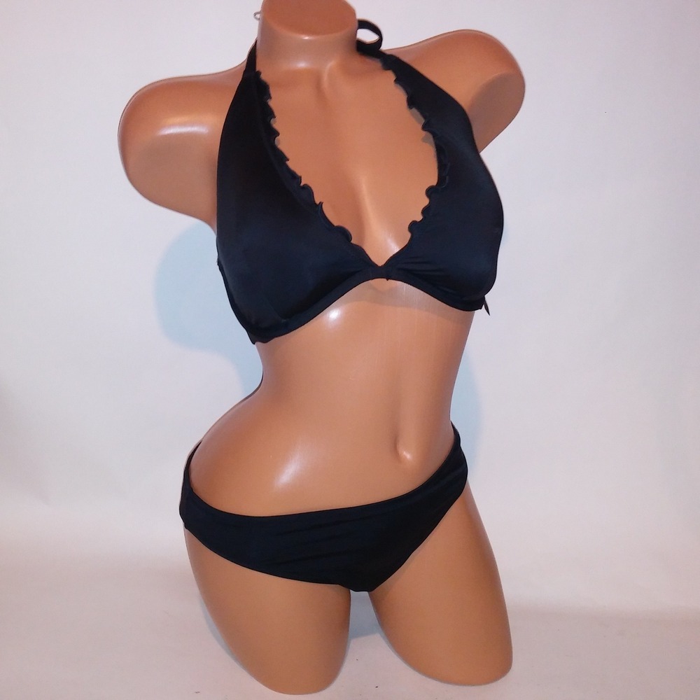 Victoria Secret Swim Bikini 36C Top Large Bottom Padded Black Solid Scallop Trim